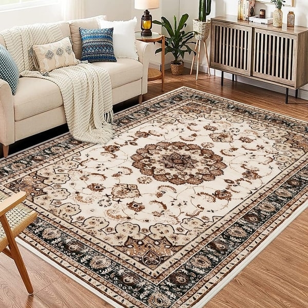 Area Rug Navy Cream Contrast Distressed Medallion Transitional Decor