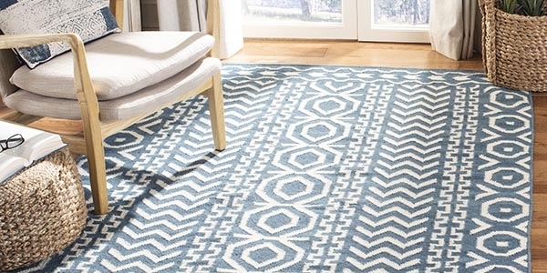 Area Rug Navy Diamond Pattern Fringe Detail Contemporary Living Room