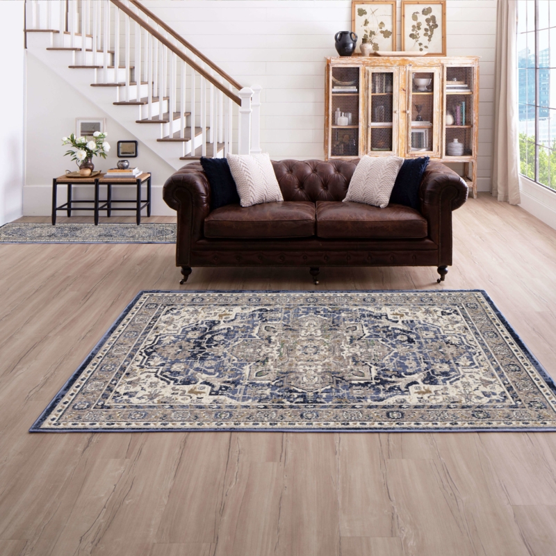 Area Rug Navy Distressed Pattern Cream Vintage Inspired Transitional