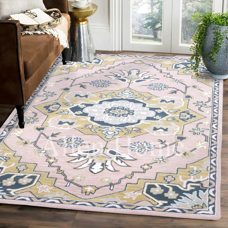 Area Rug Navy Field Traditional Persian Style Red Accents