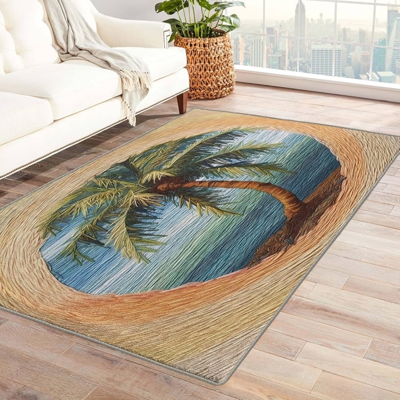 Area Rug Navy Gold Colorway Oversized Palm Washable Botanical Print