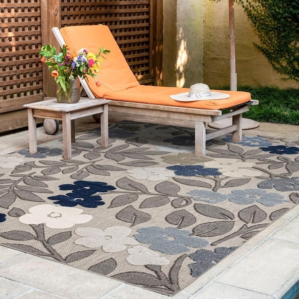 Area Rug Navy Ivory Large Scale Botanical Print Indoor Outdoor Coastal