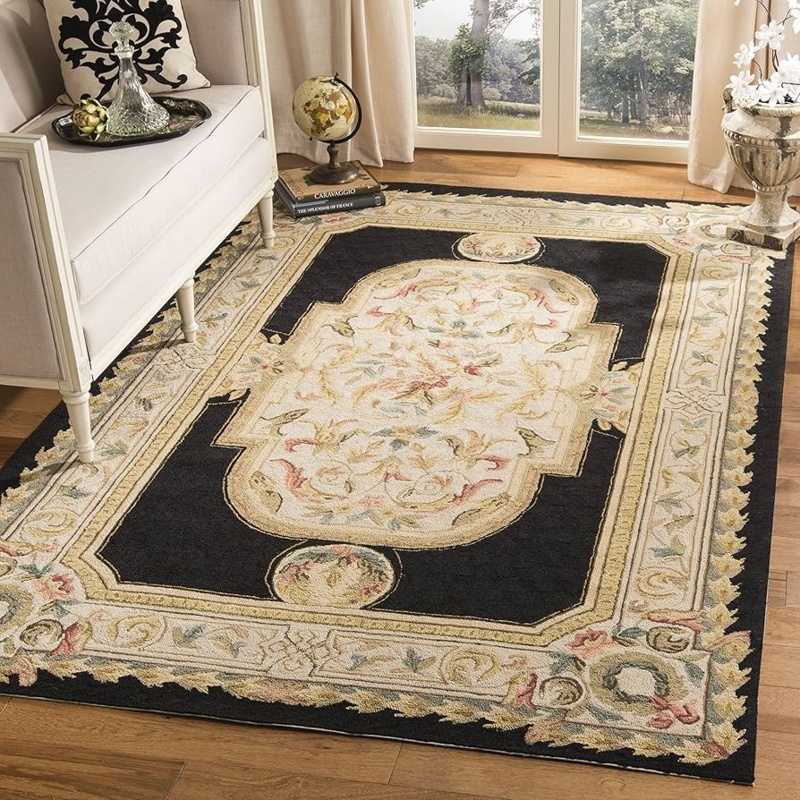 Area Rug Navy Ivory Trellis Geometric Pattern Transitional Hooked Look