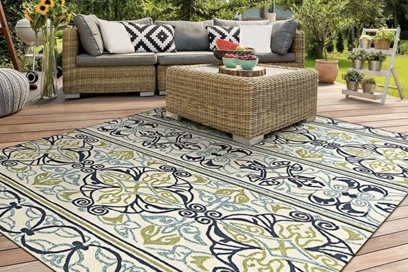 Area Rug Navy Medallion Water Resistant Patio Dining