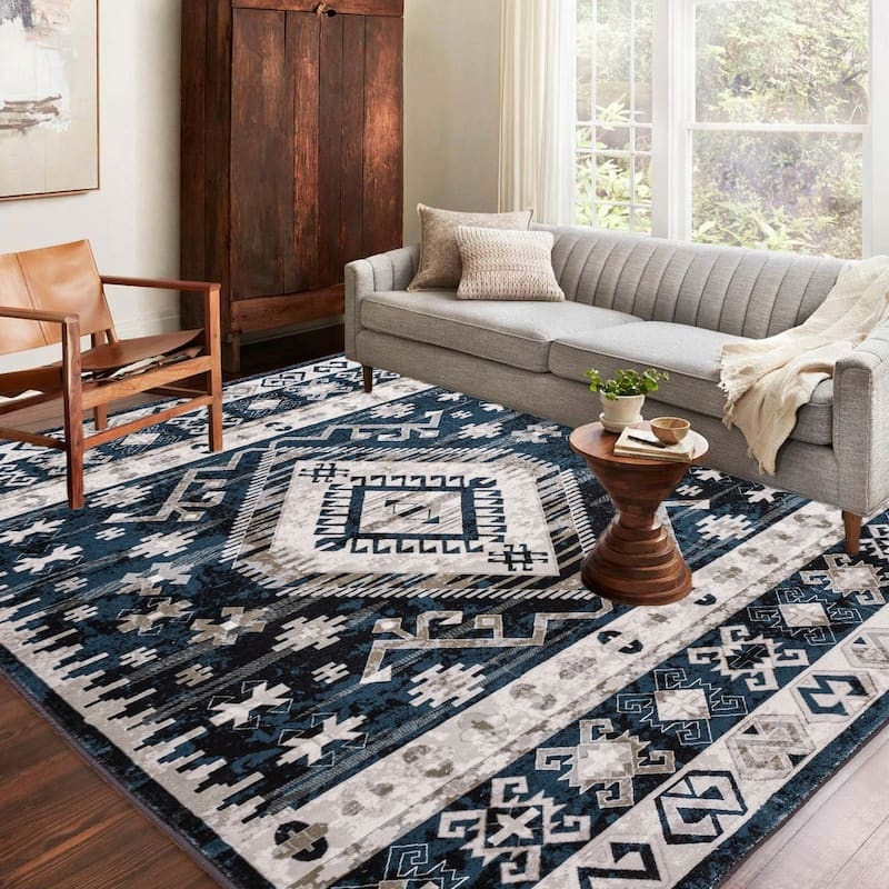 Area Rug Navy Orange Contrast Distressed Medallion Bohemian Decor