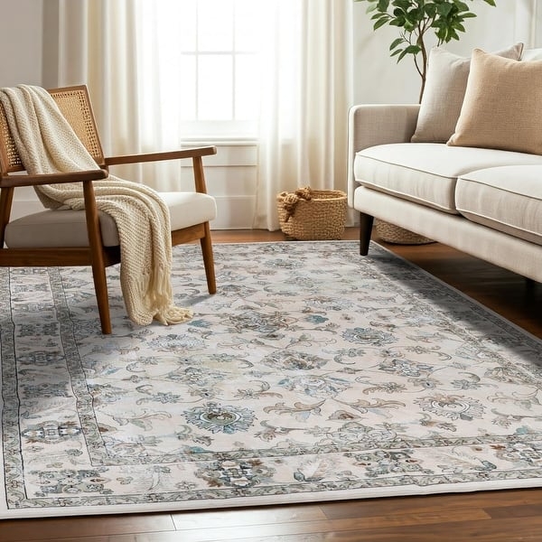 Area Rug Navy Rust Medallion Palette Washable Look Transitional