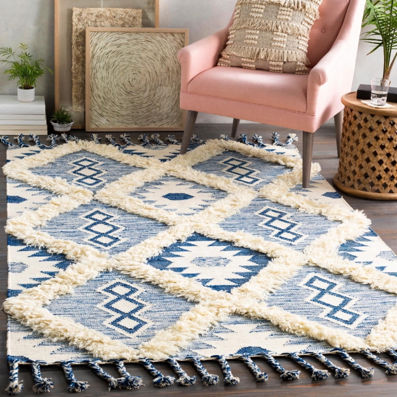 Area Rug Navy Shag Texture Cream Diamond, Global Geometric Area Rug