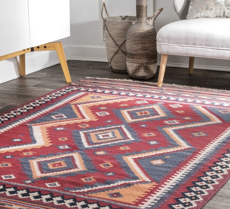Area Rug Navy Tribal Diamond Pattern Braided Fringe Flatweave