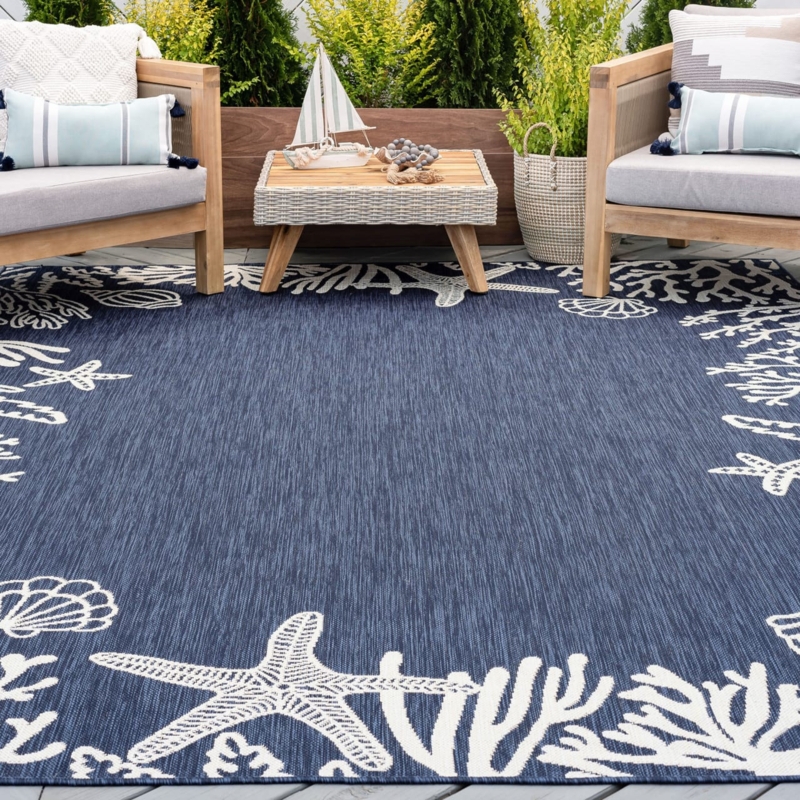 Area Rug Navy White Anchor And Helm Motif Flatweave Nautical