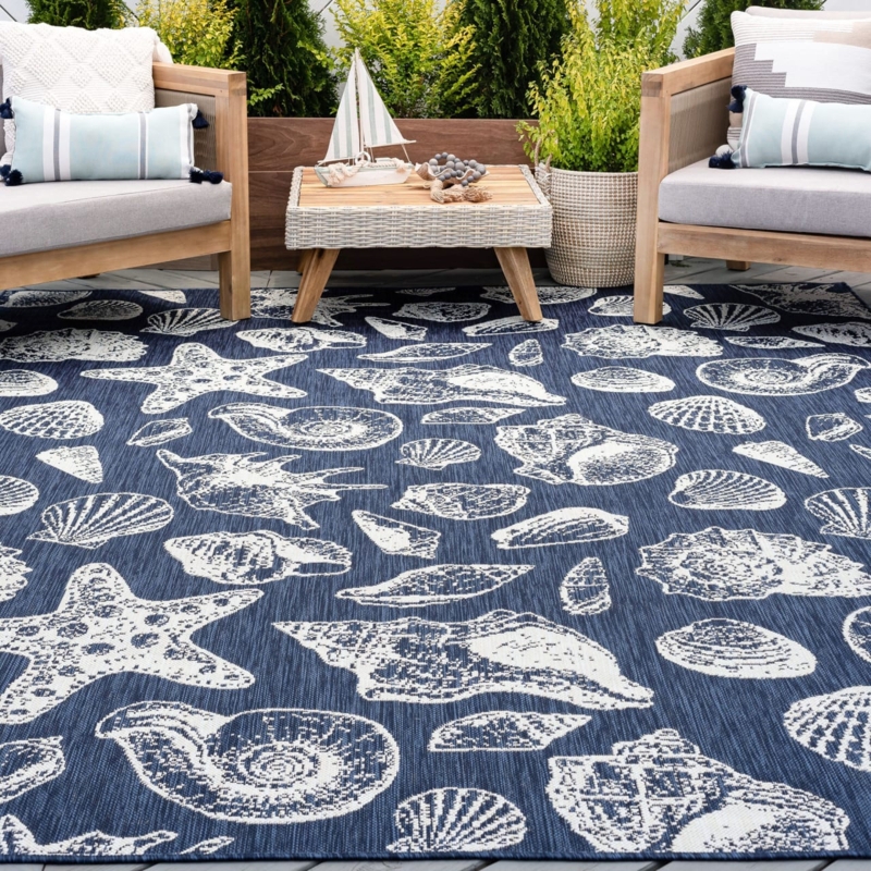 Area Rug Navy White Seashell Pattern Flatweave Weather Resistant