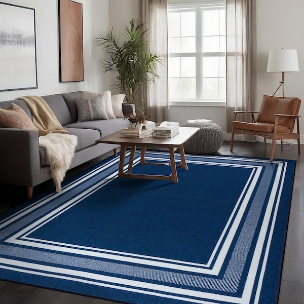 Area Rug, Navy with Contrasting Cream Border, Transitional Style