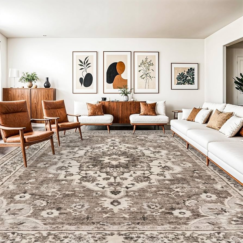 Area Rug Neutral Beige Distressed Oriental Floral Low Profile Washable
