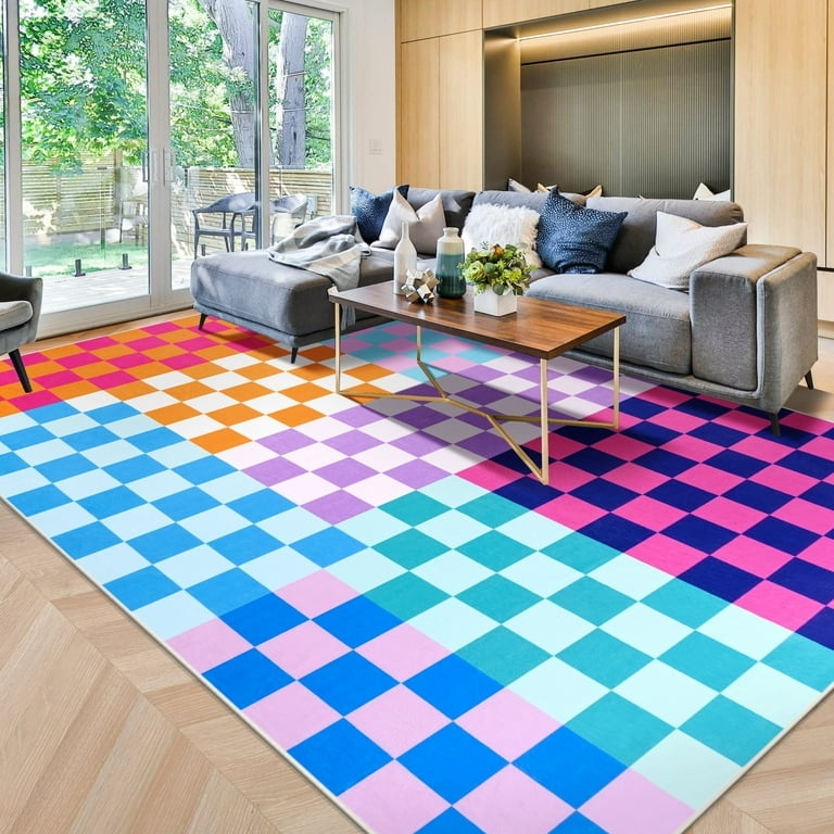 Area Rug: Neutral Checkerboard Plush Shag Pile Beige Cream Cozy