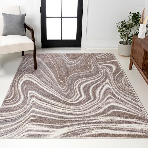 Area Rug Neutral Earth Tones Marble Veining Pattern Contemporary Living Room Rug