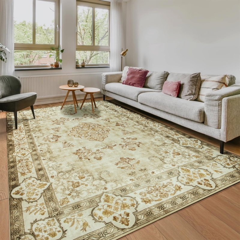 Area Rug Neutral Khaki Palette Distressed Medallion Motif Transitional