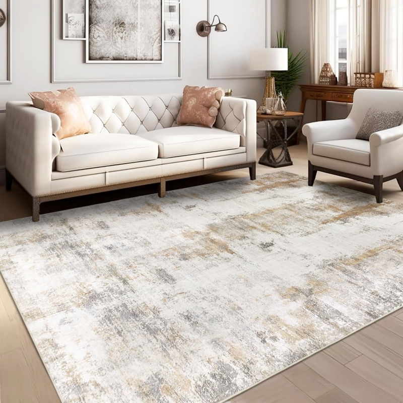 Area Rug Neutral Marbled Abstract Pattern Beige Gray Minimalist Low Pile