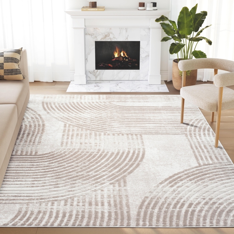 Area Rug Neutral Monochromatic Styling Cream Abstract Geometric Low Pile