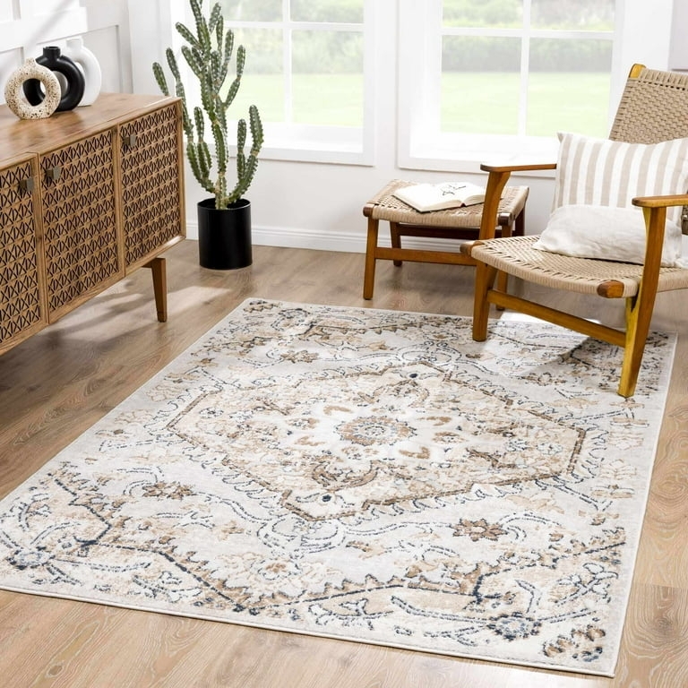 Area Rug Neutral Oriental Palette Distressed Medallion Vintage