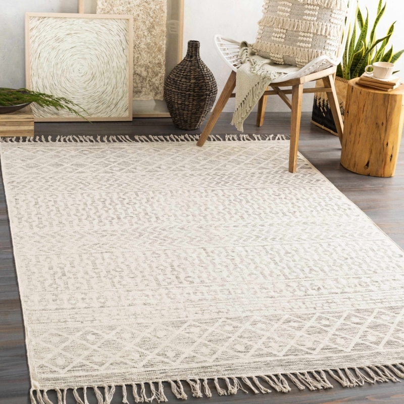 Area Rug Neutral Textured Hand Woven Stripes Organic Modern Beige
