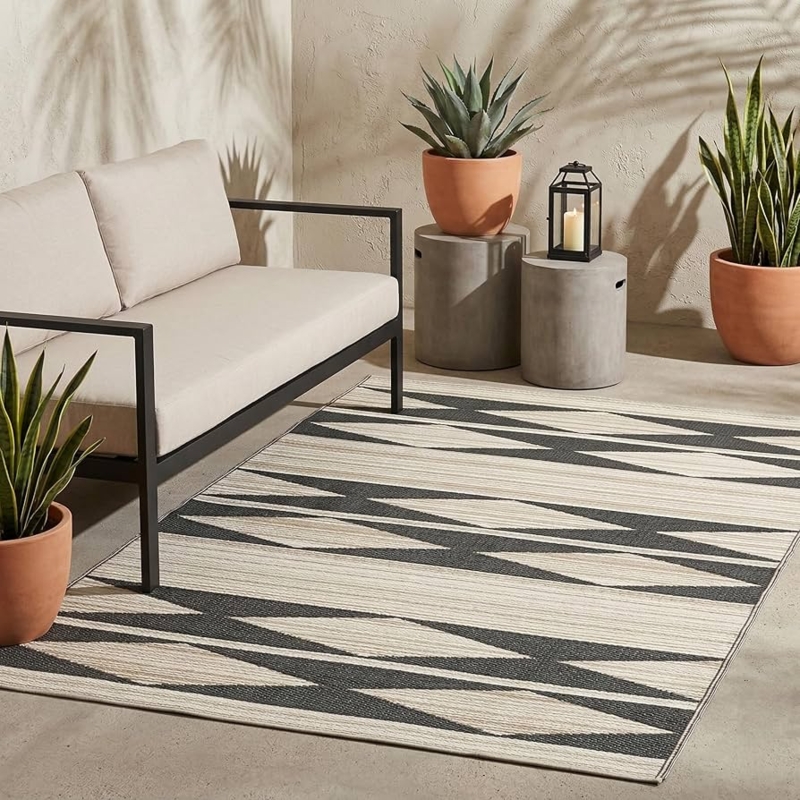 Area Rug Neutral Tribal Geometric Reversible Patio Mat