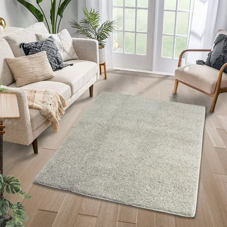 Area Rug Oatmeal Shag High Pile Minimalist Scandinavian Bedroom