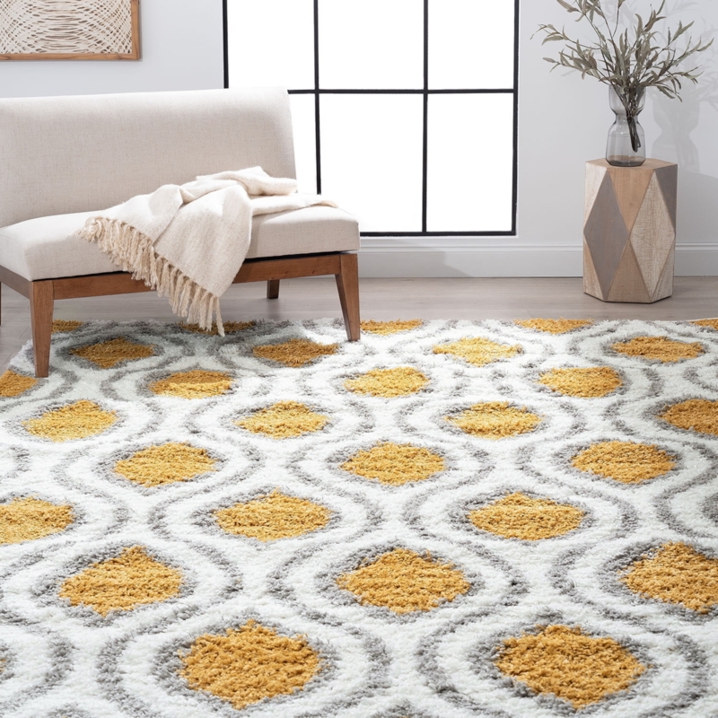 Area Rug Ochre Gold Geometric Pattern Shag Contemporary Living Room