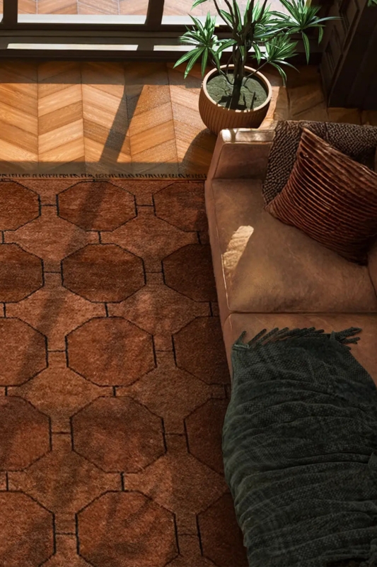 Area Rug Octagonal Shape Knotted Pile Wool Geometric Rug