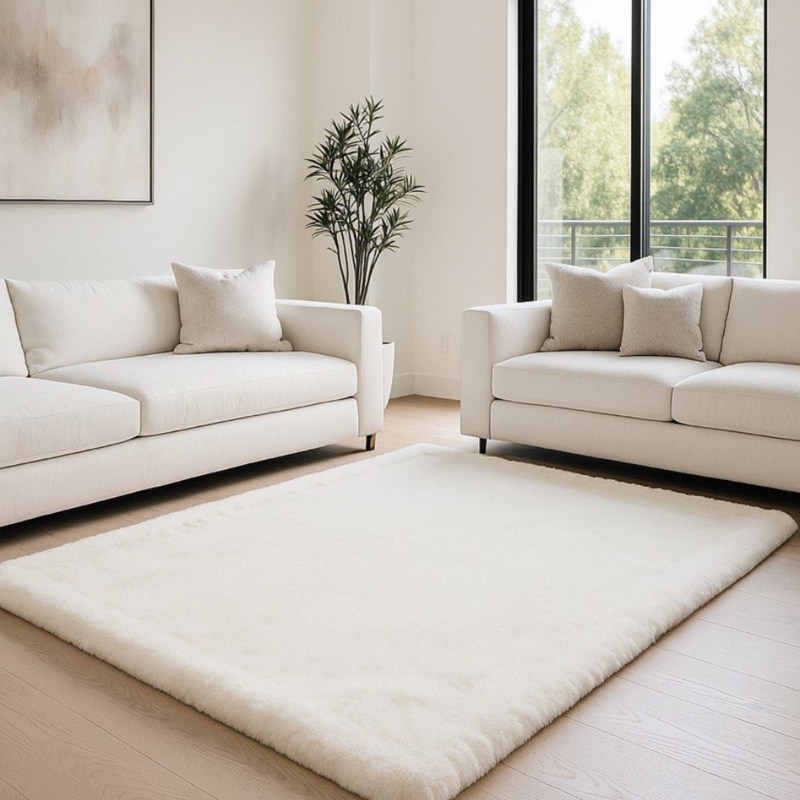Area Rug Off White Faux Fur Plush Glamorous Luxurious Carpet