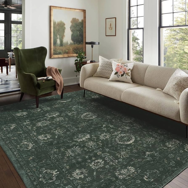 Area Rug Olive Green Classic Medallion Washable Low Pile Farmhouse