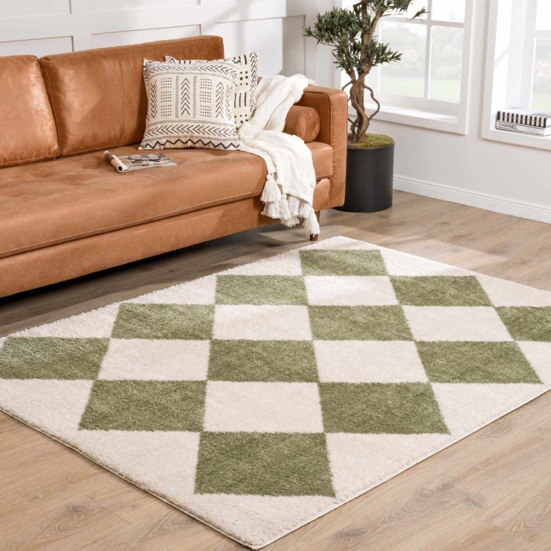 Area Rug Olive Green Diamond Lattice Washable Low Pile Modern Style