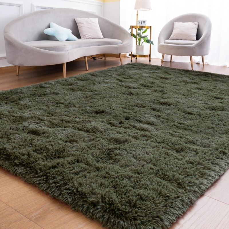 Area Rug, Olive Green Shag Texture, High Pile for Bedroom
