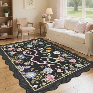 Area Rug Olive Green Snake Motif Scalloped Border Floral Eclectic