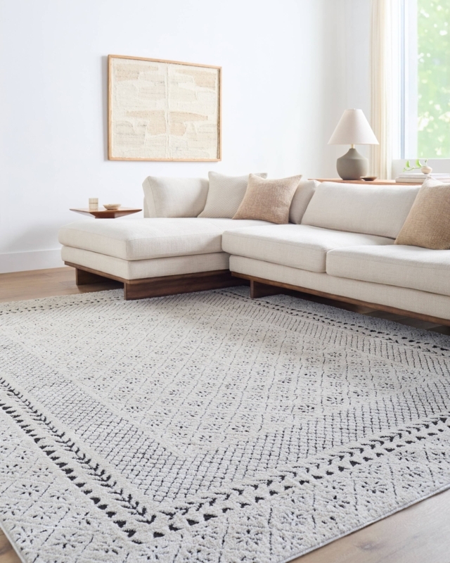 Area Rug: Onyx and White Tribal Geometric Motifs, Global Inspired