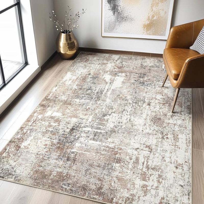 Area Rug Organic Abstract Shapes Brown Tan Low Pile Contemporary