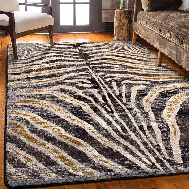 Area Rug Organic Hide Shape Zebra Stripe Motif Brown Rustic