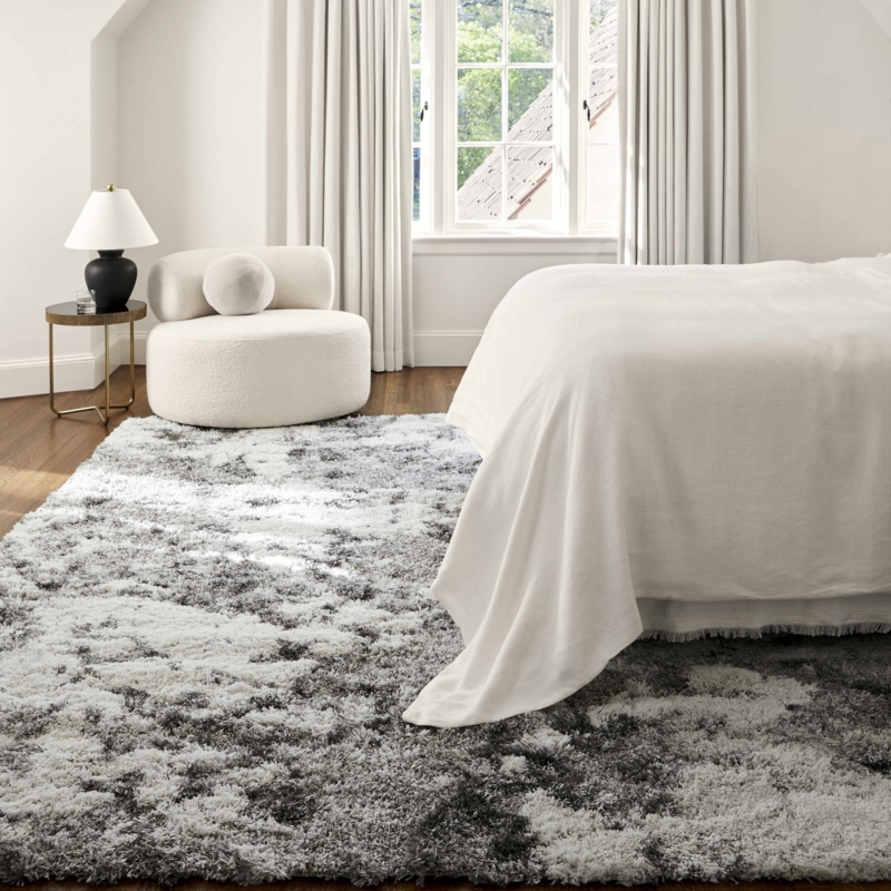 Area Rug Organic Lattice Pattern Gray White Shag High Pile Modern