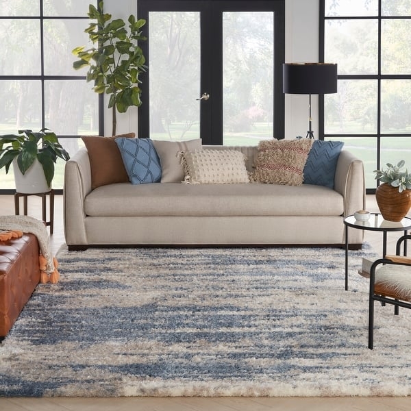 Area Rug Organic Wave Motif Plush Shag Ivory Contemporary Rug