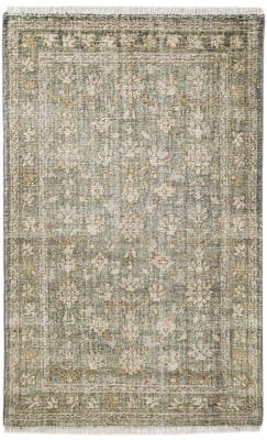Area Rug Oriental Floral Navy and Sage Green Low Pile
