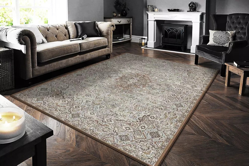 Area Rug: Oriental Medallion Pattern, Floral Border, Beige Multi Palette.