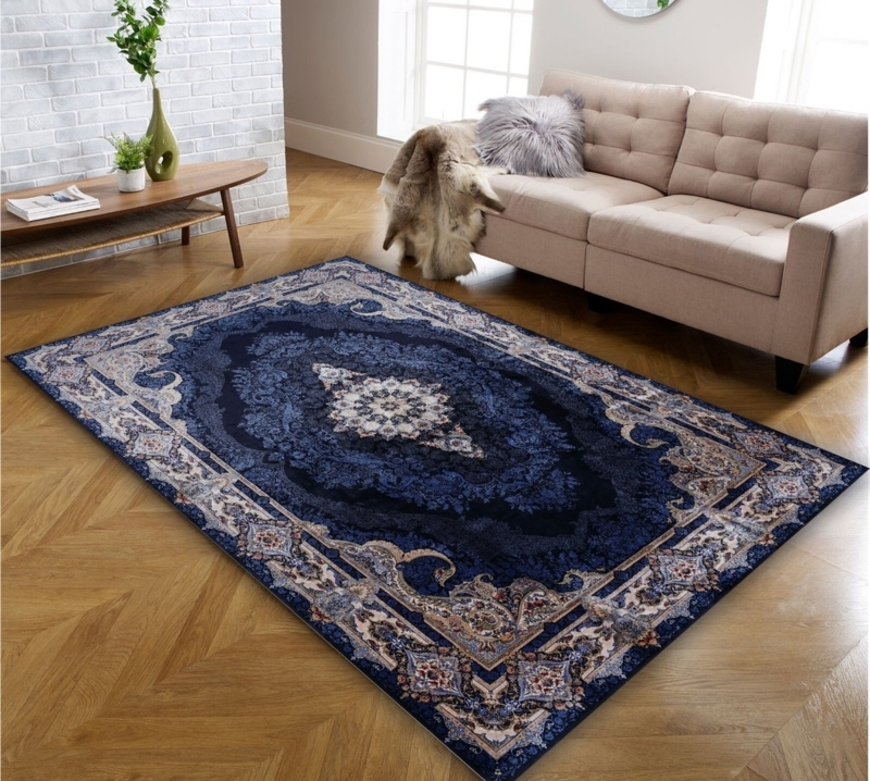Area Rug Oriental Pattern Cream Medallion Traditional Styling Blue