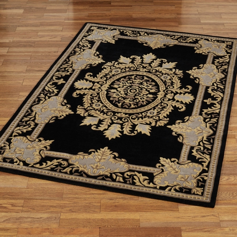 Area Rug Ornate Medallion Black and Gold Palette Wool Like