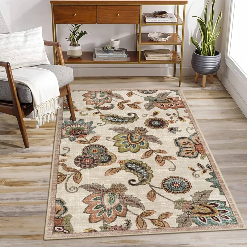 Area Rug Ornate Paisley Border Beige Rust Vintage Foyer Styling