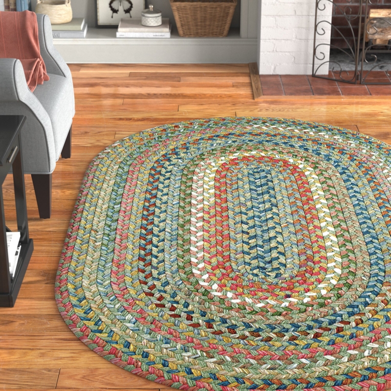 Area Rug Oval Braided Coastal Blue and Green Farmhouse Style