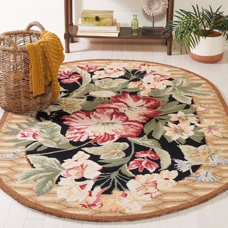 Area Rug Oval Shape Black Border Contrast French Country Scrollwork