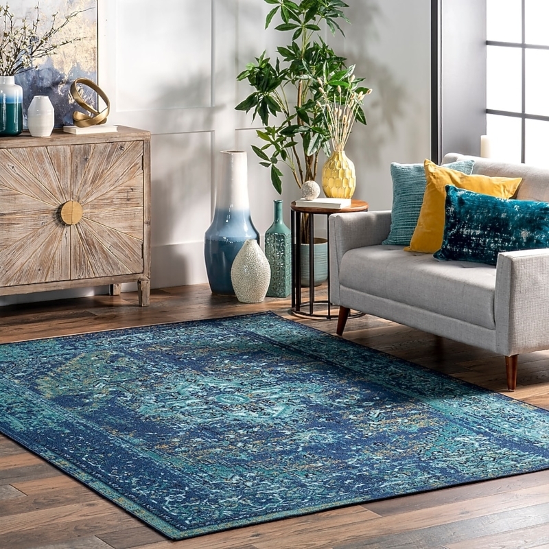 Area Rug Overdyed Blue Distressed Medallion Vintage Bohemian