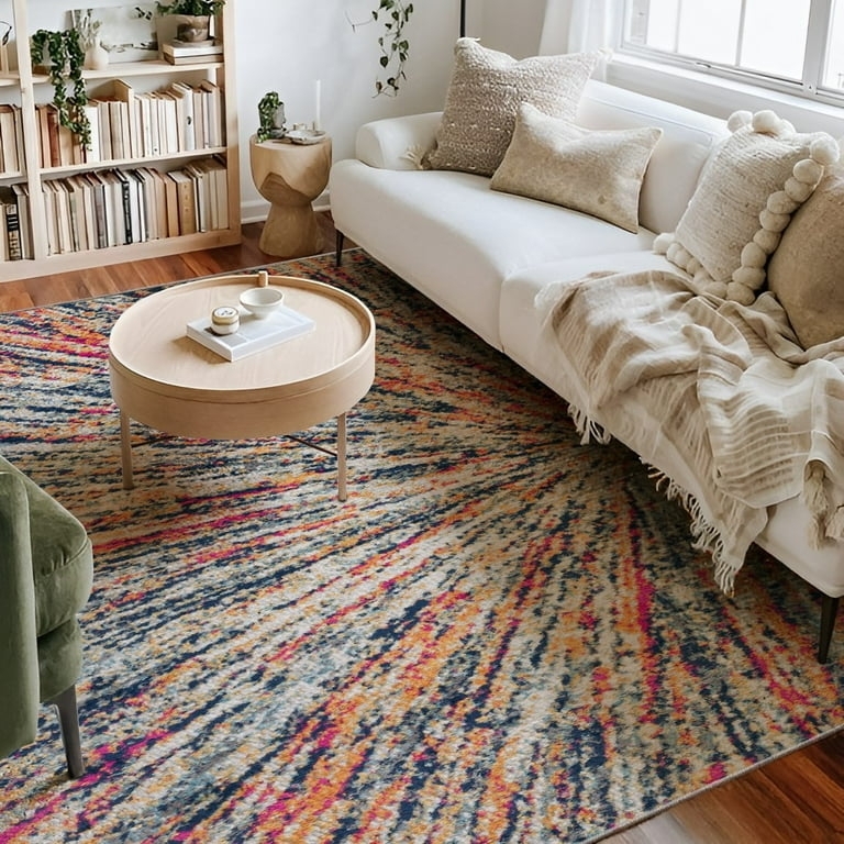 Area Rug Overlapping Geometric Motif Blue Beige Low Pile Mid-Century