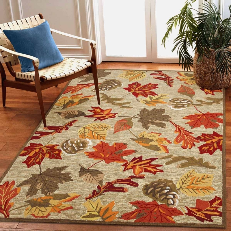 Area Rug Overlapping Leaf Motif Tan Flatweave Rustic Indoor Outdoor