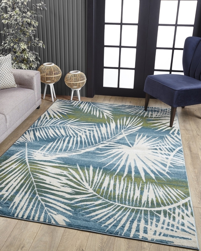 Area Rug Overlapping Leaf Pattern Green Ivory Low Pile Botanical Area Rug