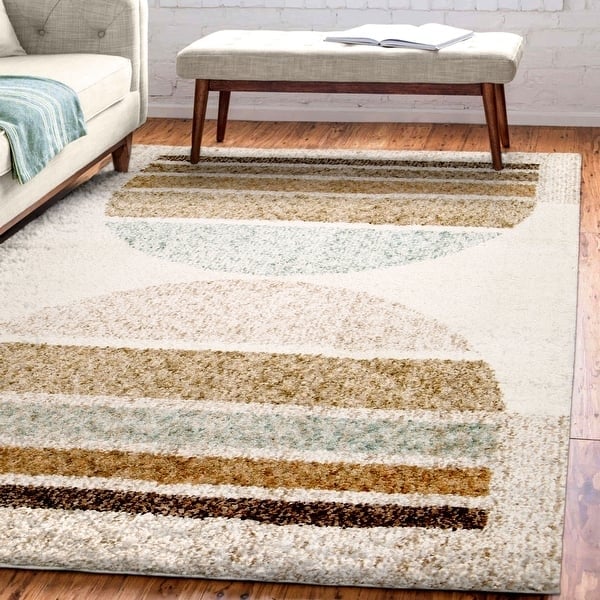 Area Rug Overlapping Ribbon Pattern Navy Rust Gold Large Scale Print