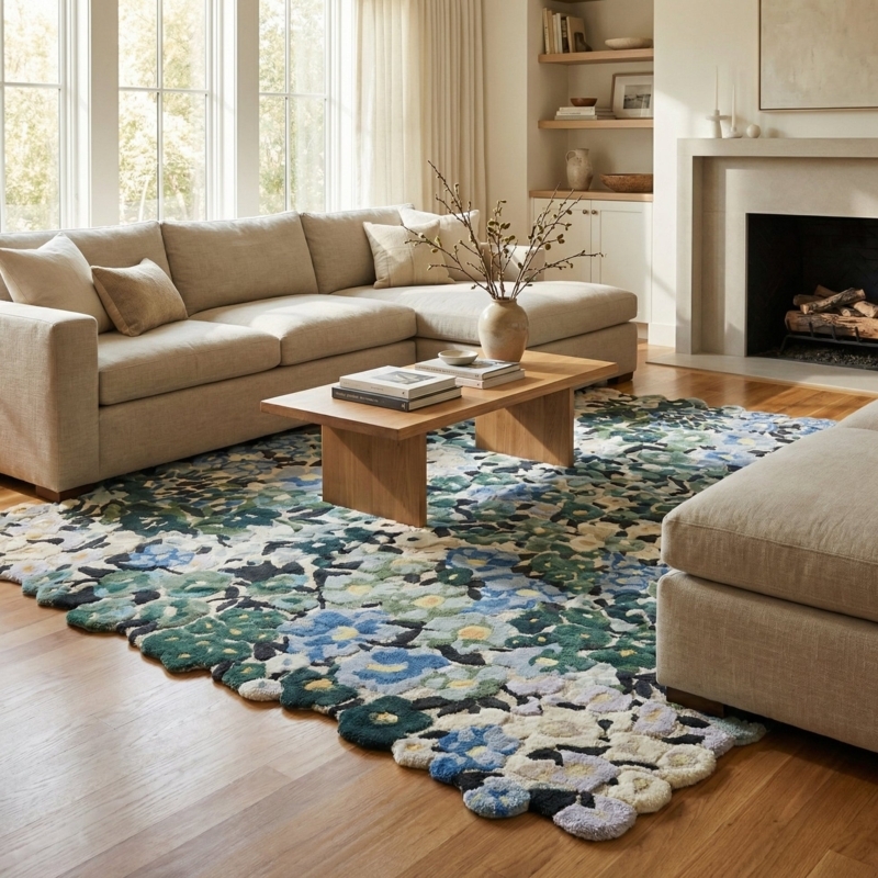 Area Rug Oversized Blue Florals Hand Tufted High Low Pile Botanical